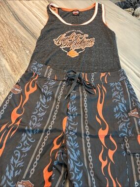 Harley-Davidson Black Shorts with Orange Flames like new sz M & tank sz XL Italy
